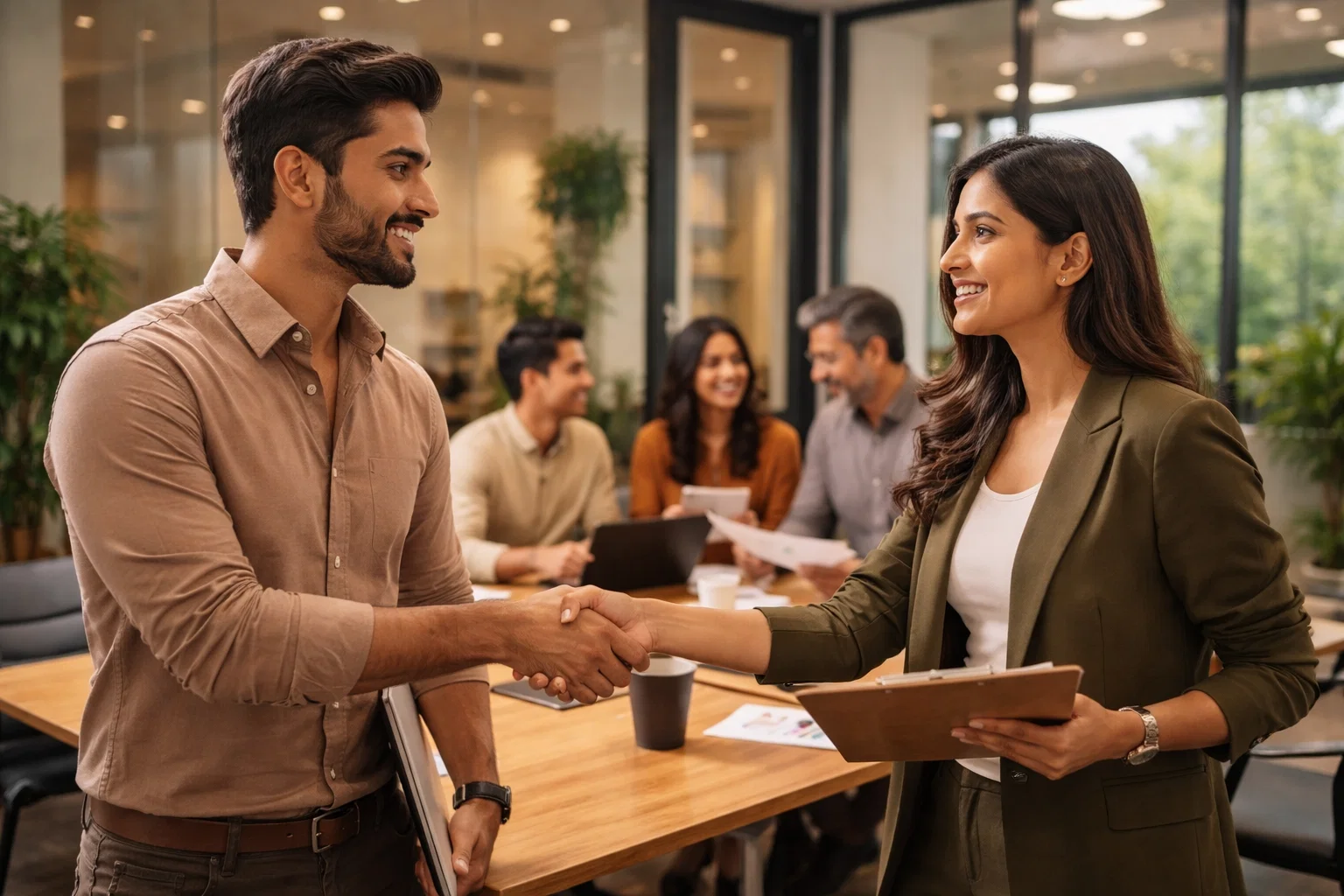 a man shaking his hand with a woman in a business meeting